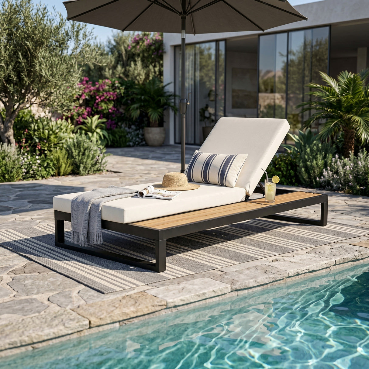 Black Iron & Teak Finish Chaise Lounge Set: 1 Frame + 1 2-Fold
