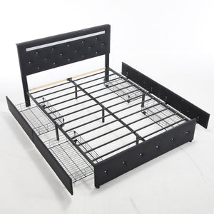 Upholstered Bed Frame With LED Lights, 4 Storage Drawers, Charging Station