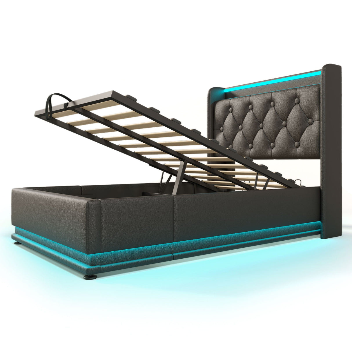 Upholstered Bed, 360 Surround LED Function, Remote Control, Hydraulic Storage Bed With USB, Type-C Charging (Without Mattress)