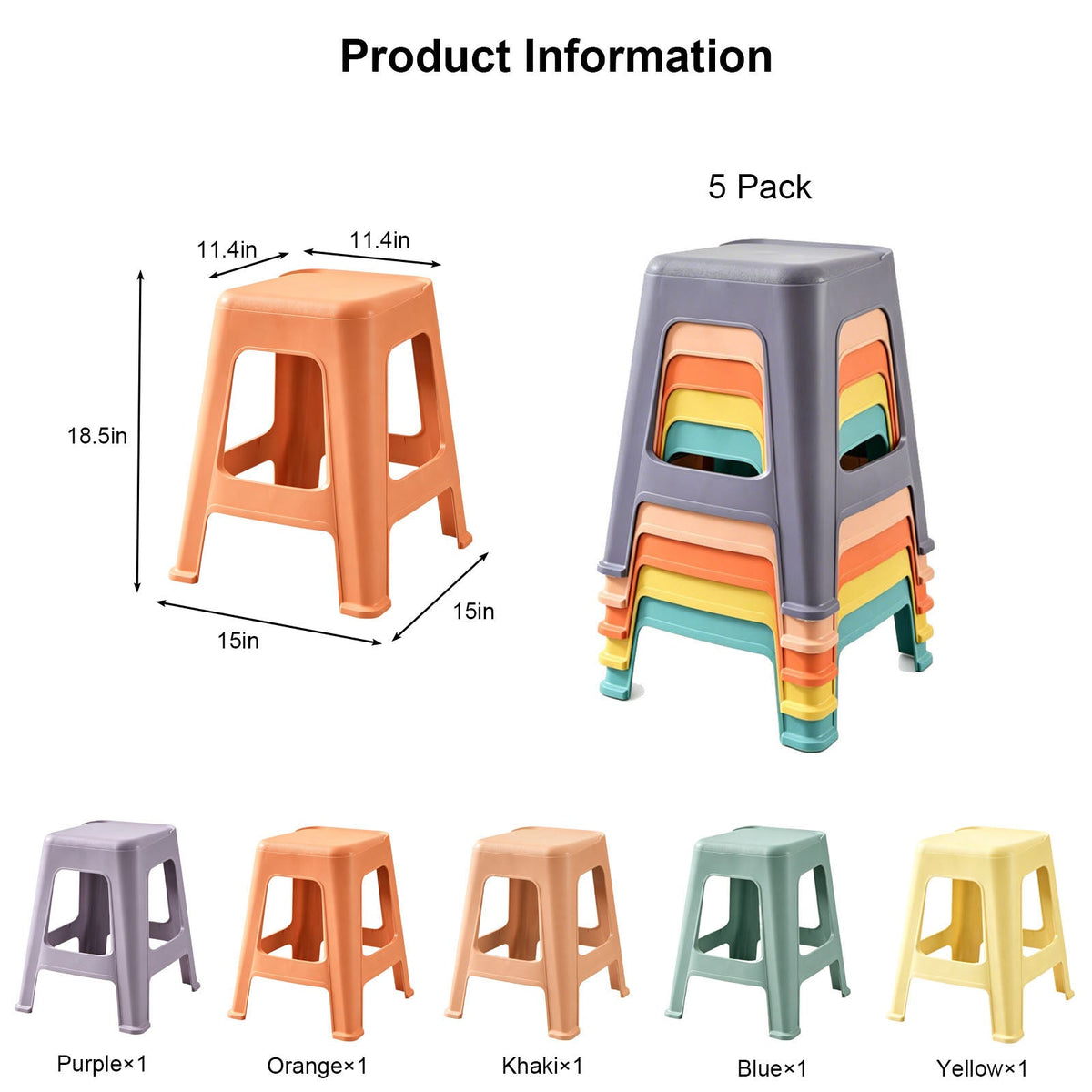 Colorful Stackable Classroom Stools, 5 Pack, Lightweight Plastic - Multicolor