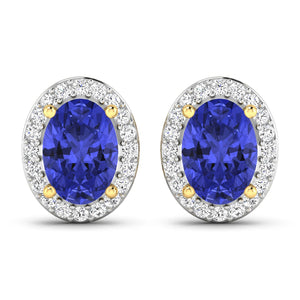 1.50 Carat Genuine Tanzanite and White Diamond 14K Yellow Gold Earrings