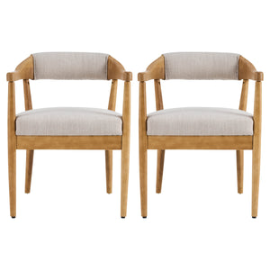 Wood Frame Upholstered Dining Chairs with Armrests (Set of 2) - Beige + Natural