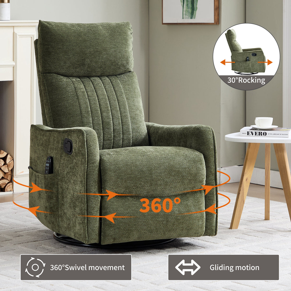 Green Heat Massage Manual Recliner Chair with Rocker and Swivel