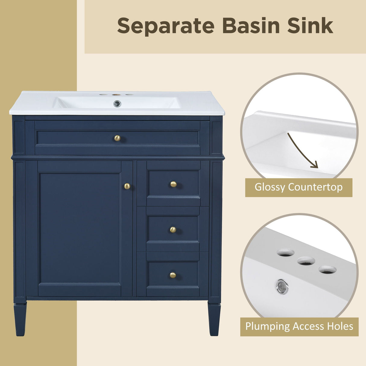 Bathroom Vanity With Top Sink, 2 Drawers & Tip Out Drawer