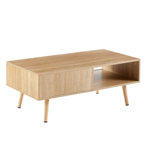 41.34" Rattan Coffee Table, Sliding Door For Storage, Solid Wood Legs, Modern Table For Living Room