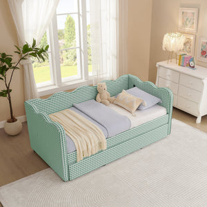 Cozy Gingham Daybed with Trundle Twin Size Sofa Bed No Box Spring Needed, with USB Port and Adorable Wave Shaped, Linen Fabric