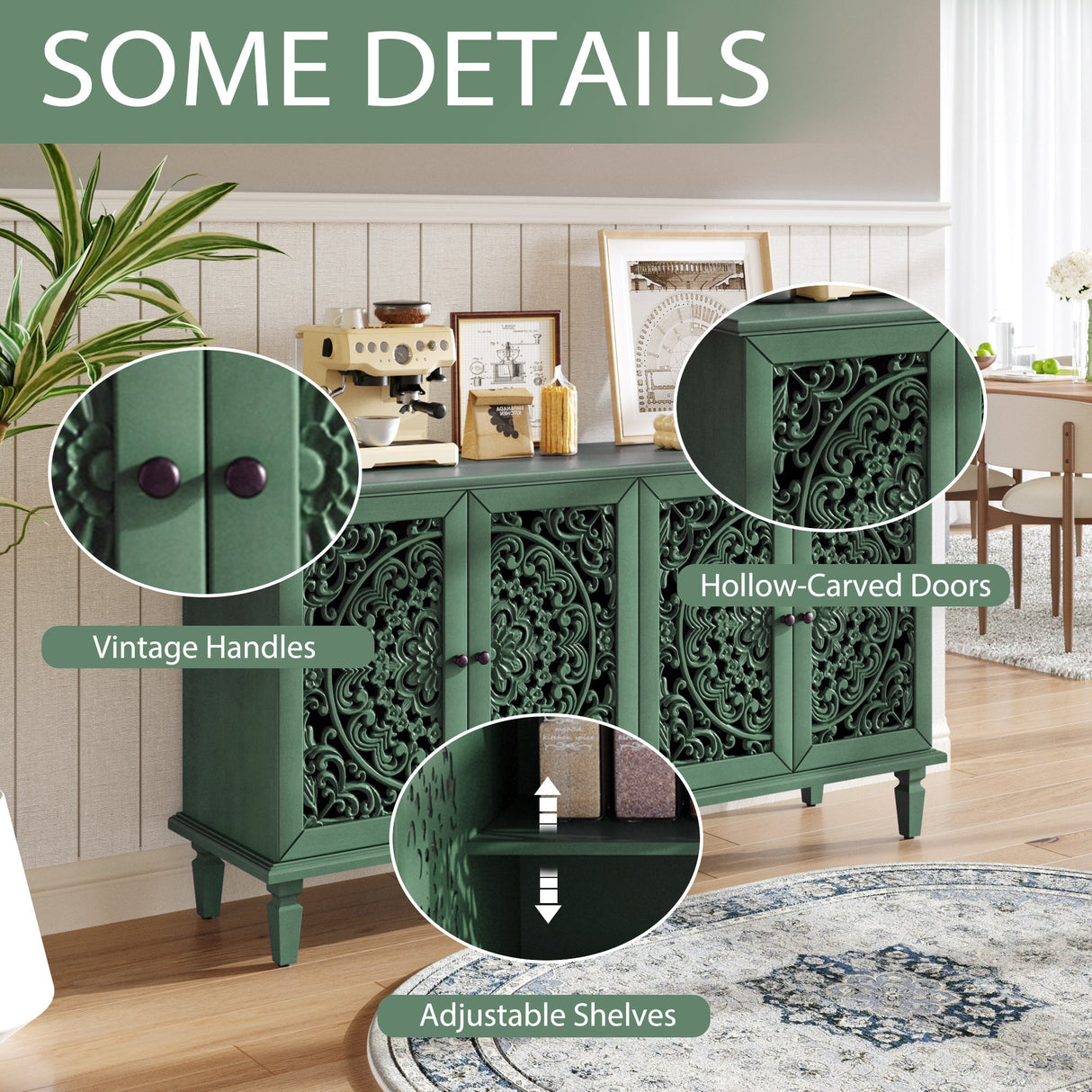 60' Antique Buffet Cabinet with Floral Carvings