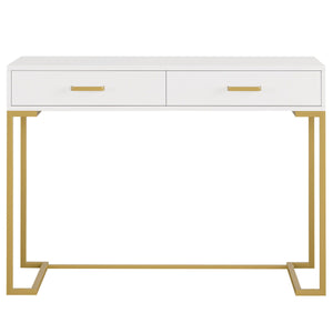 Minimalist Home Office Computer Desk With 2 Drawers, Compact Writing Table For Small Spaces - White / Gold