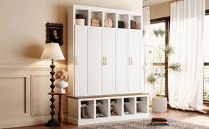 U-Can Farmhouse Entryway Storage Cabinet with Shoe Rack & Display Cubbies