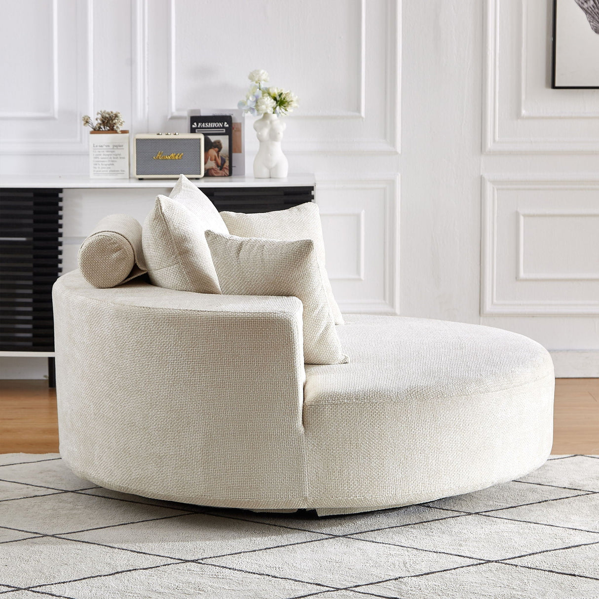 Single Swivel Chair, Fluffy Modern Sleeper, 360 Degree Swivel Chair For Living Room - Beige