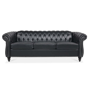 84.65' Black PU Rolled Arm Chesterfield Three Seater Sofa