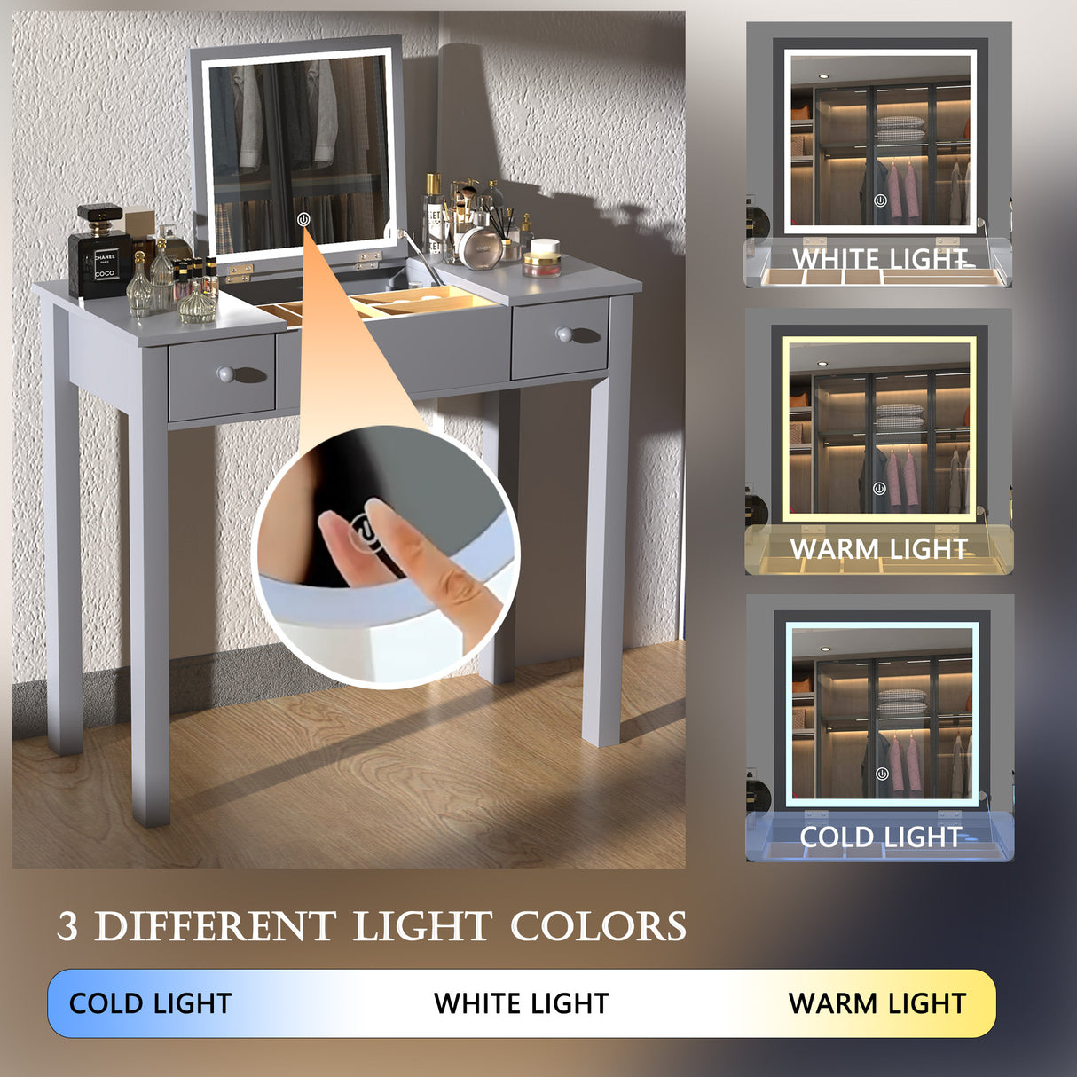 Grey vanity table with led lights, flip-top mirror and 2 drawers, jewelry storage