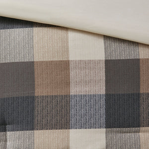 Herringbone Comforter Set with Buffalo Plaid - King, Neutral, 7 Piece
