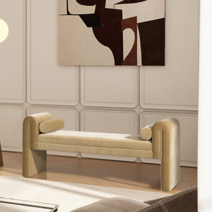 Mason 60.5' Arched Arm Bench with Bolster Pillows, Camel Brown Beige Performance Velvet