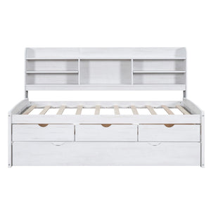 Captain Bed With Built In Bookshelves, 3 Storage Drawers, And Trundle