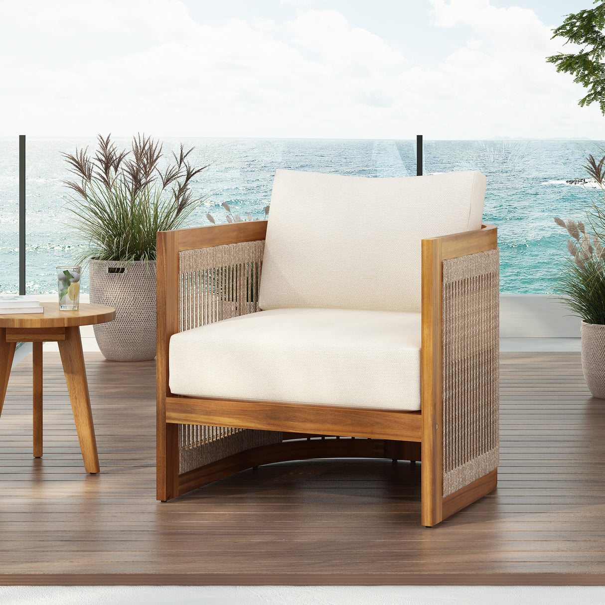 Premium Acacia Wood Outdoor Club Chair, Curved Tub Design with Woven Rope Accents, Water-Resistant Cushions