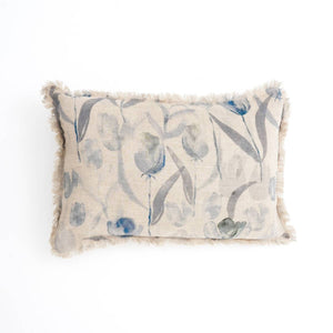 Linen Printed Lumbar Throw Pillow with Fringes (Blue & Grey) 16x24