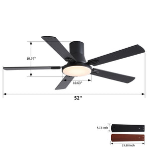 Flush Mount Ceiling Fans With LED Light And Remote Control, 5 Blades