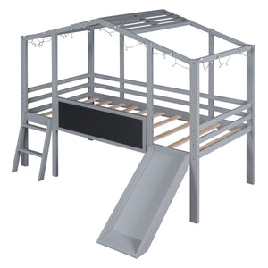Loft House Bed With Ladder And Slide, With board And Light Strip On The Roof