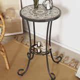 Ceramic Tile and Iron Patio Side Table with Shelf, Brown and Black
