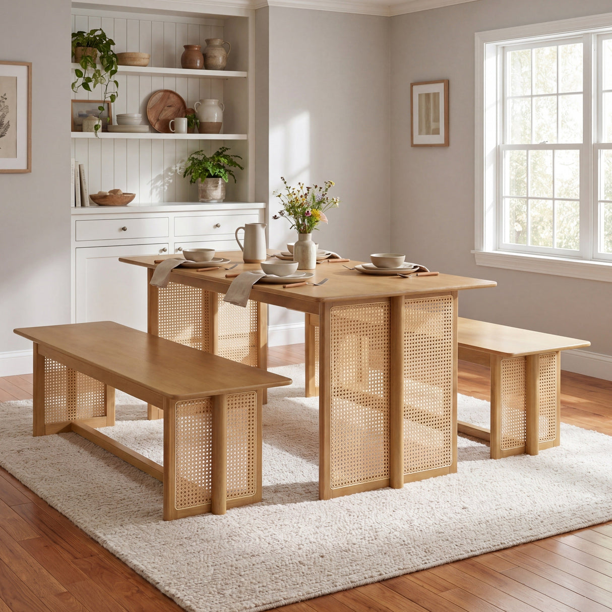 Natural Color Rubber Wood Dining Set with Plastic Rattan
