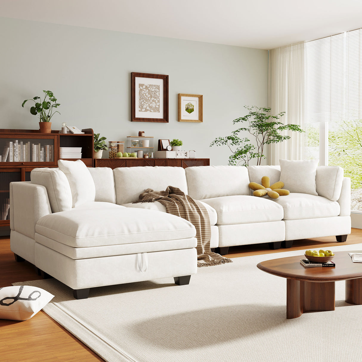 The Deborah Five-Seat Sofa with Hidden Cup Holders and Storage Ottoman