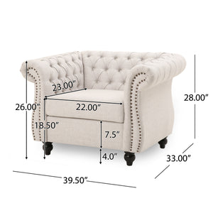 Chesterfield Club Chair Velvet Fabric Beige with Birch Wood Legs