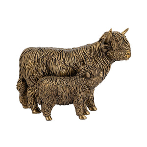 7.5x4.5x5.5' Lifelike Polyresin Highland Cow and Calf Statue with Rich Bronze Finish