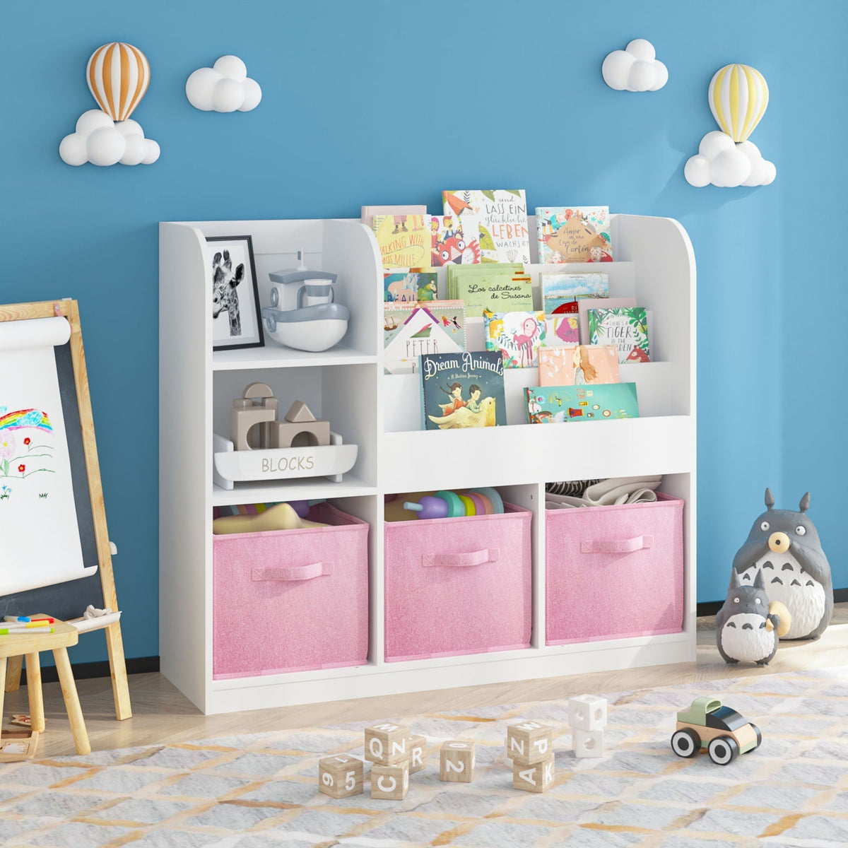 Bookcase and Bookshelf with 3 Collapsible Drawers - Pink or Dark Gray