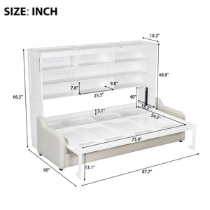 Murphy Cabinet Bed With Folding Sofa, Built In Storage Shelves And LED Light