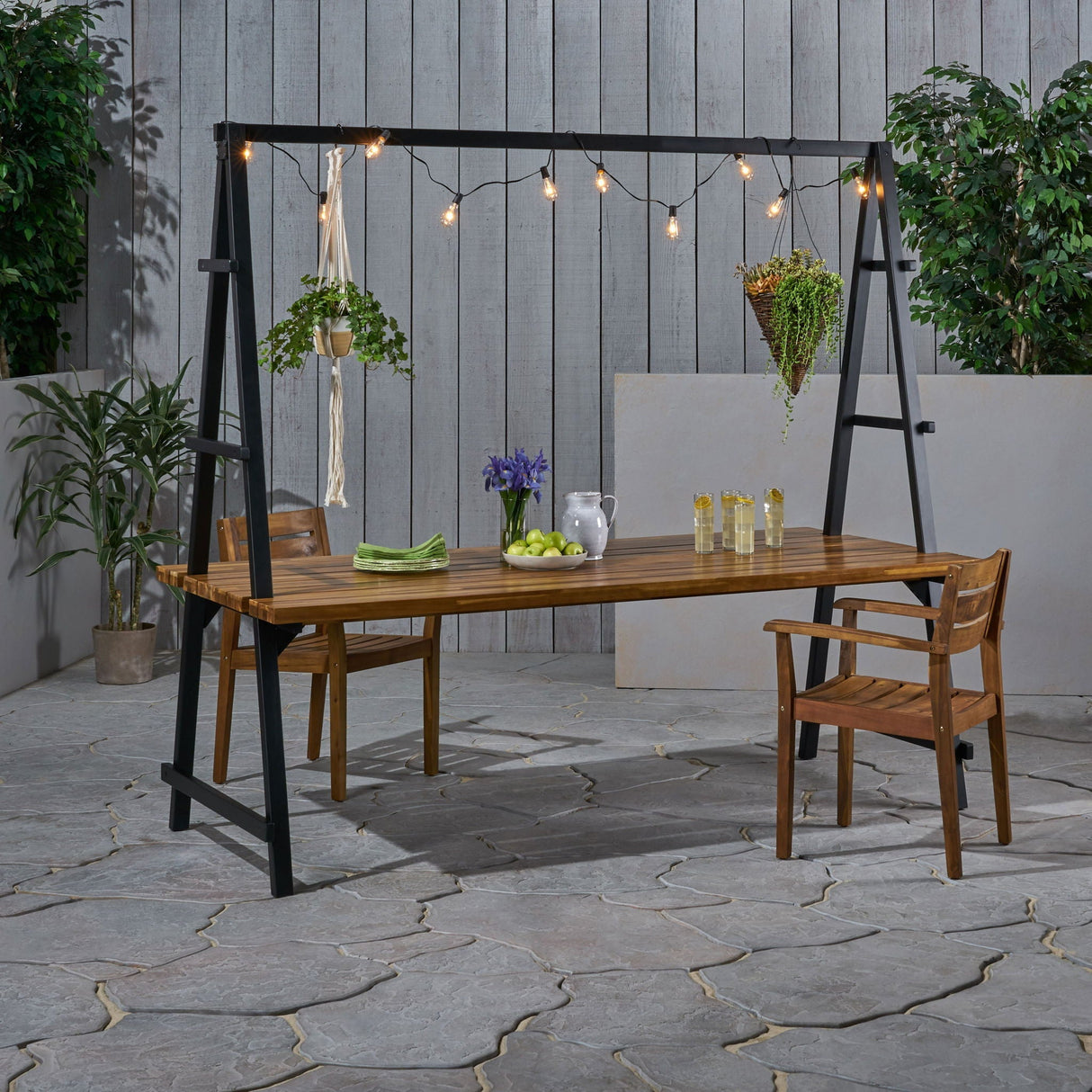 Huckleberry Acacia Wood Outdoor Dining Table With Plant Hanger - Teak
