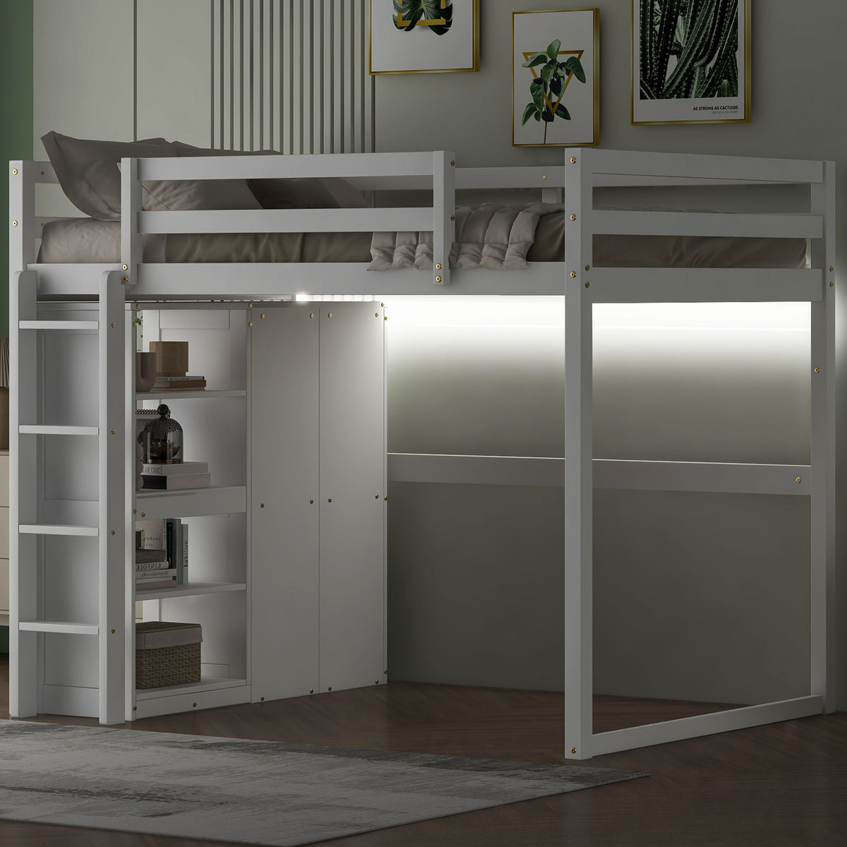 Loft Bed With Built In Wardrobe, Storage Shelves, And LED Light
