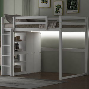 Loft Bed With Built In Wardrobe, Storage Shelves, And LED Light