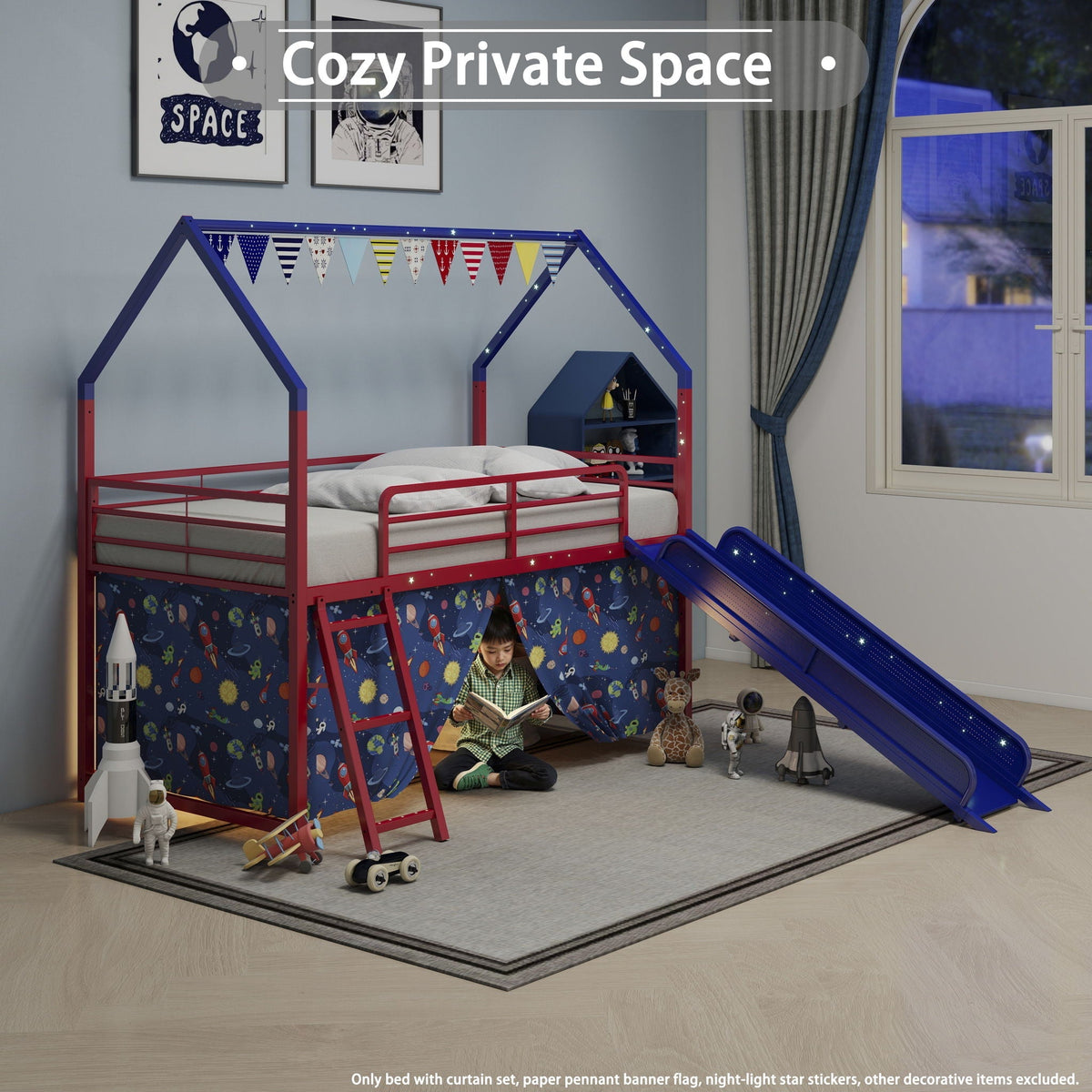 Jack - House Loft Bed With Slide And Curtain Set