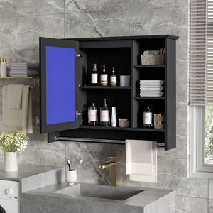 Modern Wall Mounted Mirror Cabinet With Adjustable Shelf, Soft Close Door, And Towel Bar