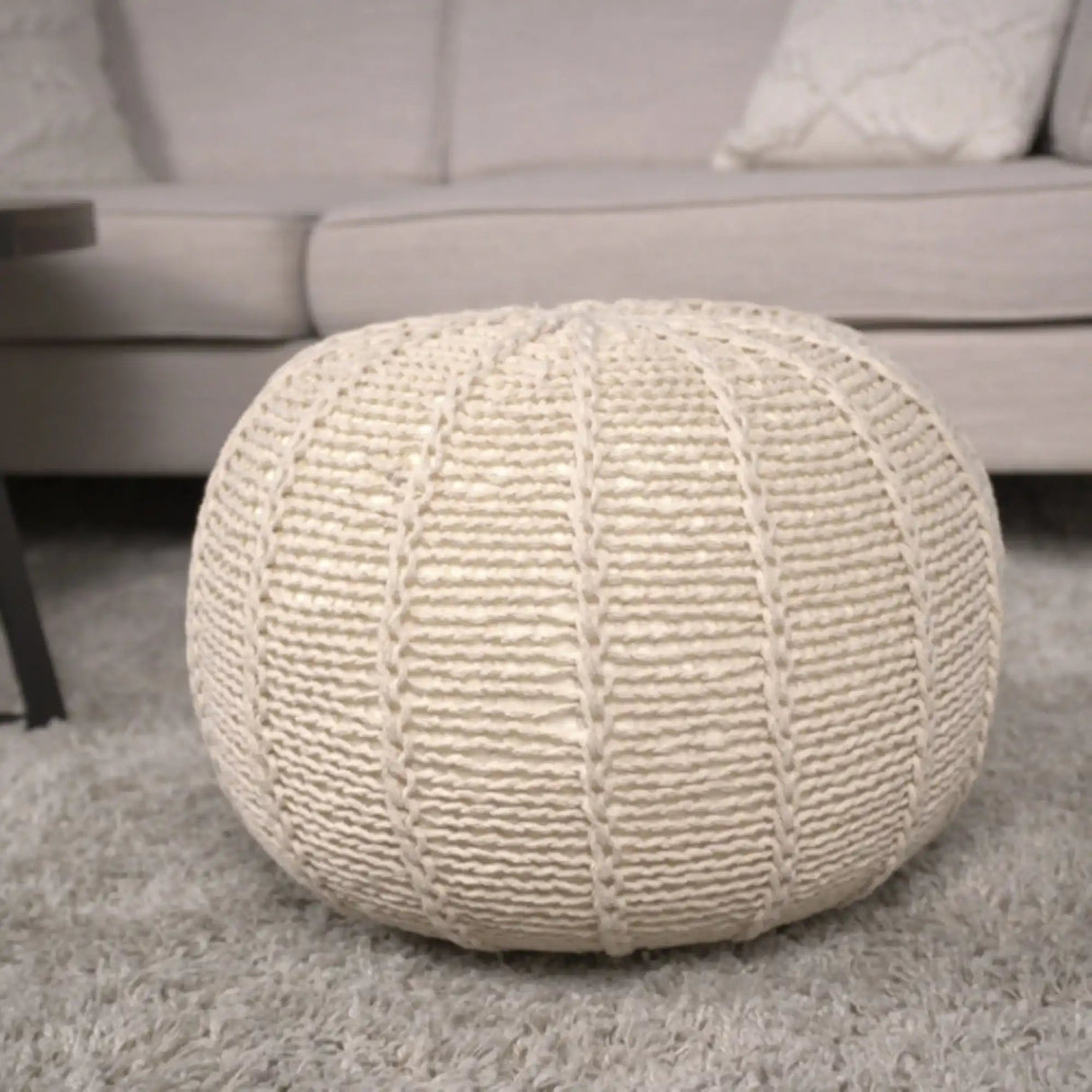 Bordeaux Knitted Cotton Round Pouf Ottoman and Floor Cushion