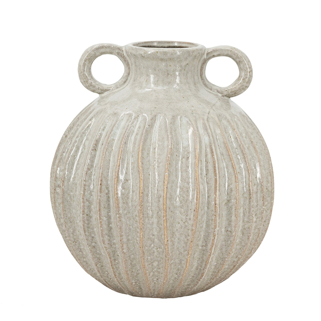 9x9x10' Decorative Round Ceramic Flower Vase with Small Handles and Textured Motif, Gold