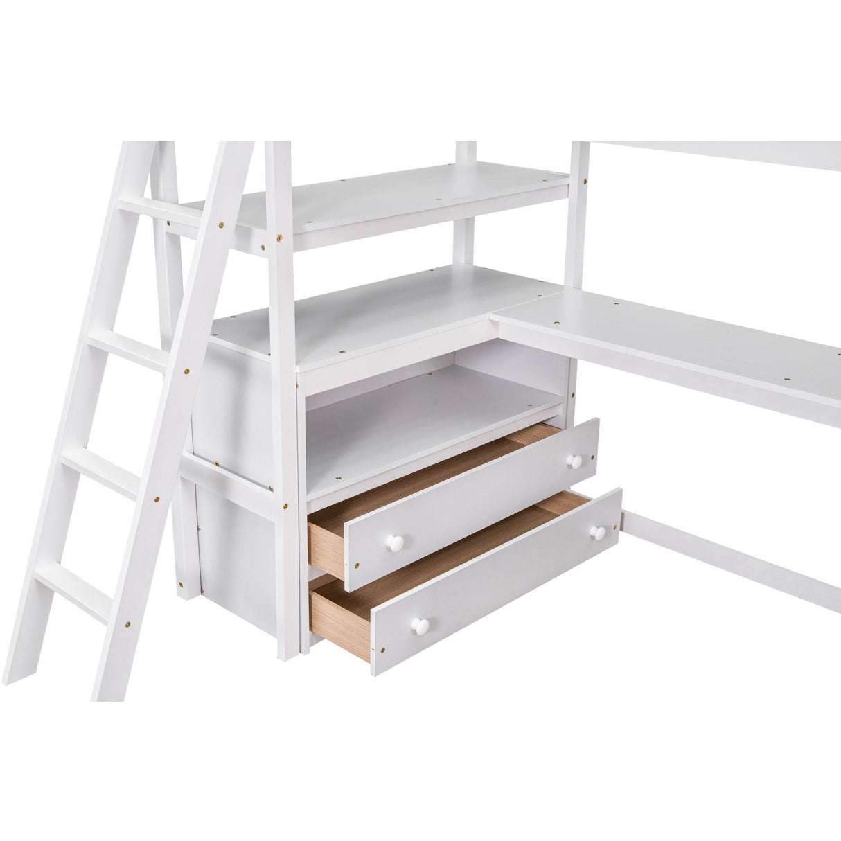 Modern Loft Bed With Built In Desk, Shelves, And 2 Drawers