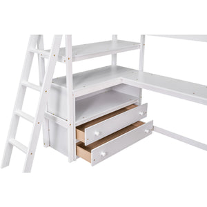 Modern Loft Bed With Built In Desk, Shelves, And 2 Drawers