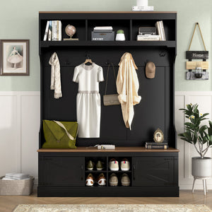 Vibe Haus 71''H Farmhouse Hall Tree with Bench and Shoe Storage