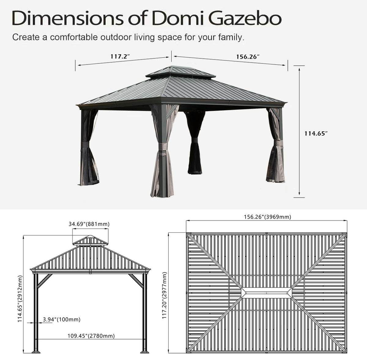 10x13ft Outdoor Gazebo with Galvanized Steel Double Roof