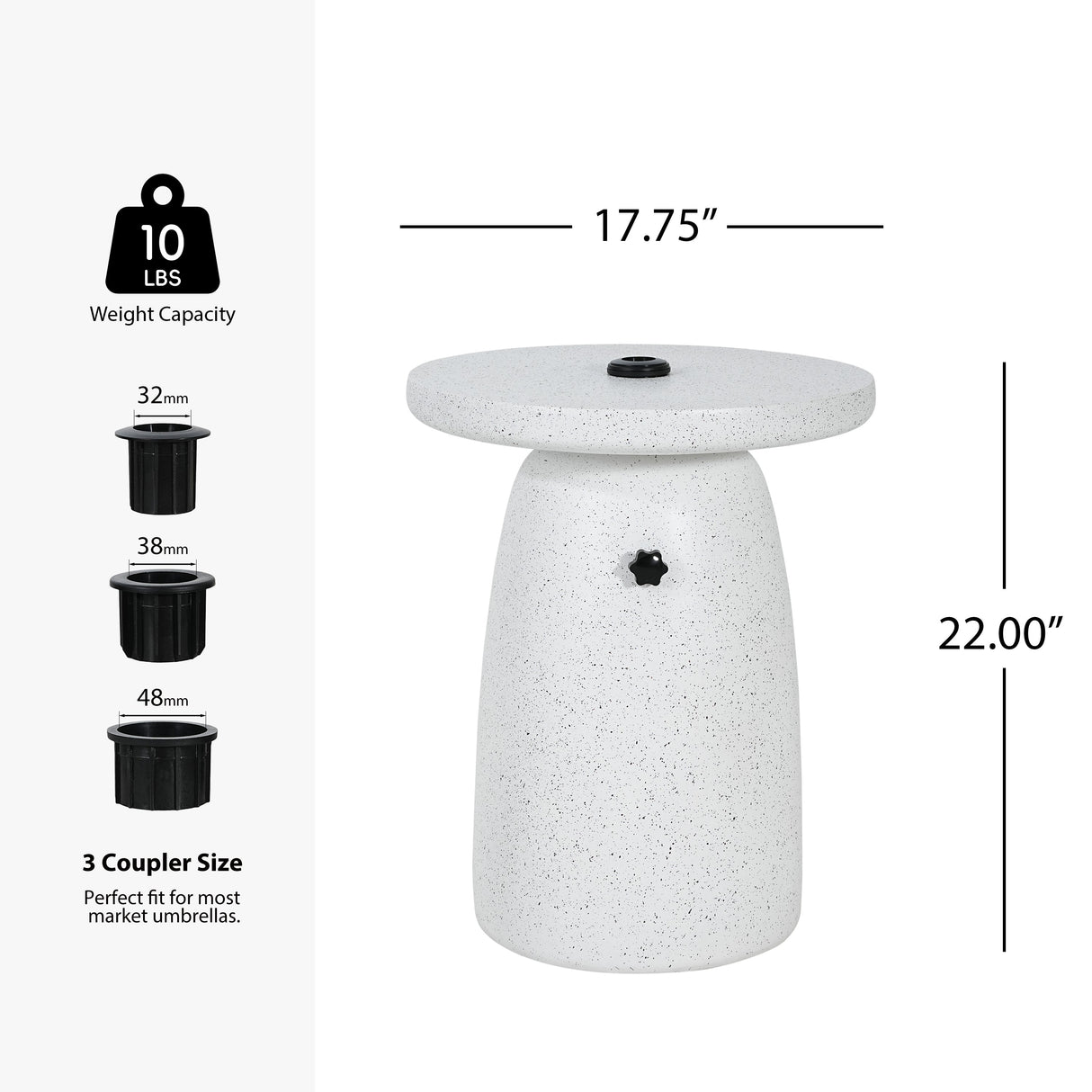 Tess MGO Outdoor Patio Side Table Umbrella Base with Sand-Filling Design White Marble