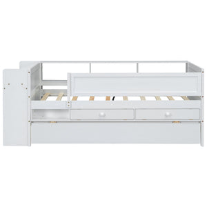 Twin Daybed With Drawers, Trundle, Headboard Storage, Study Desk, And USB Charging Station - White