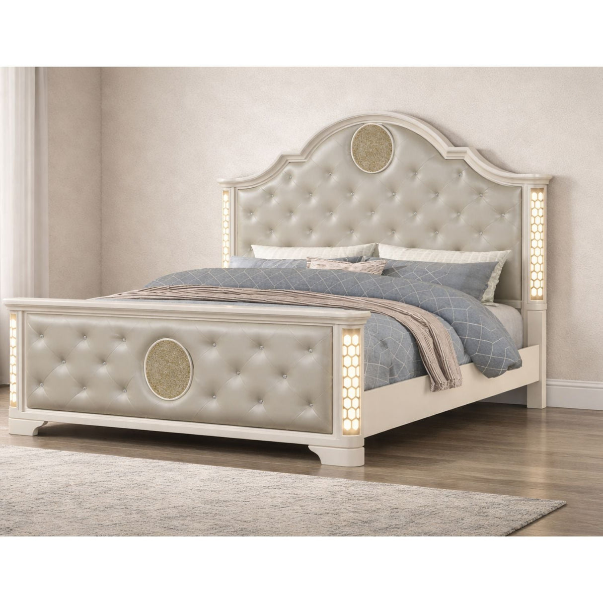 Jasmine - Queen Size Tufted Upholstery & LED Bed - Beige