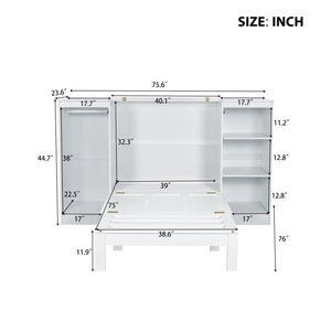 Twin Size Murphy Bed With Bedside Shelves And Wardrobe - White