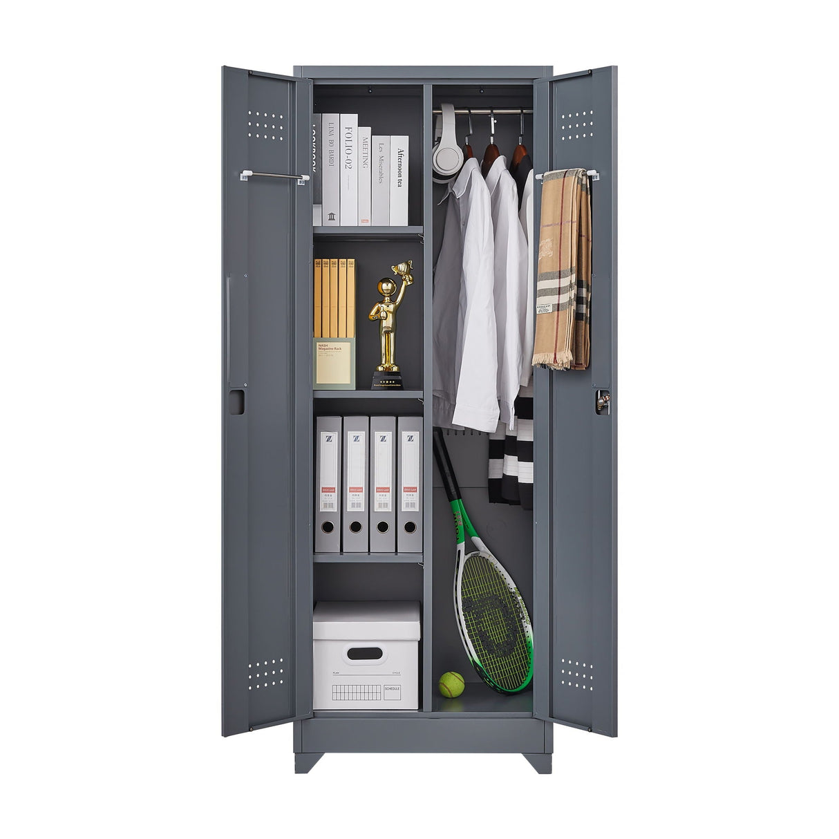 Heavy Duty Storage Cabinet With Locking Doors, Hanging Rod & Shelves, Broom Closet - Gray