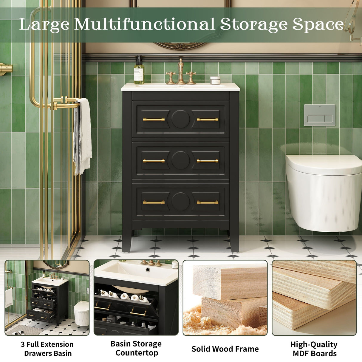 Bathroom Vanity With Sink, Free Standing Single Set, 3 Drawer Storage Cabinet