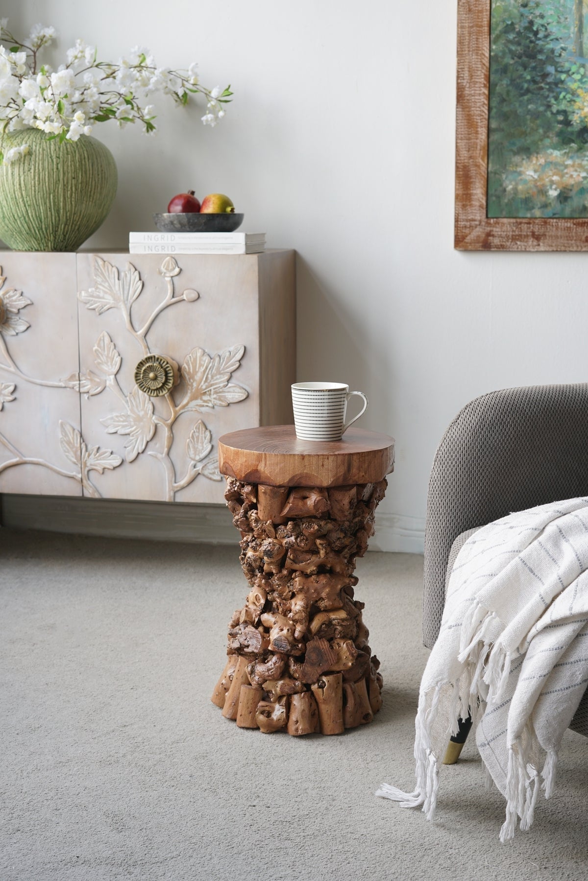 Brown Mulberry and Paulownia Wood Accent Table with Organic Tree Root Base