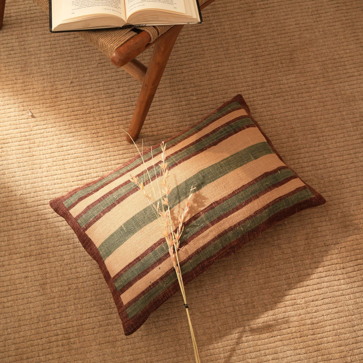 Handcrafted Jute Striped Lumbar Pillow