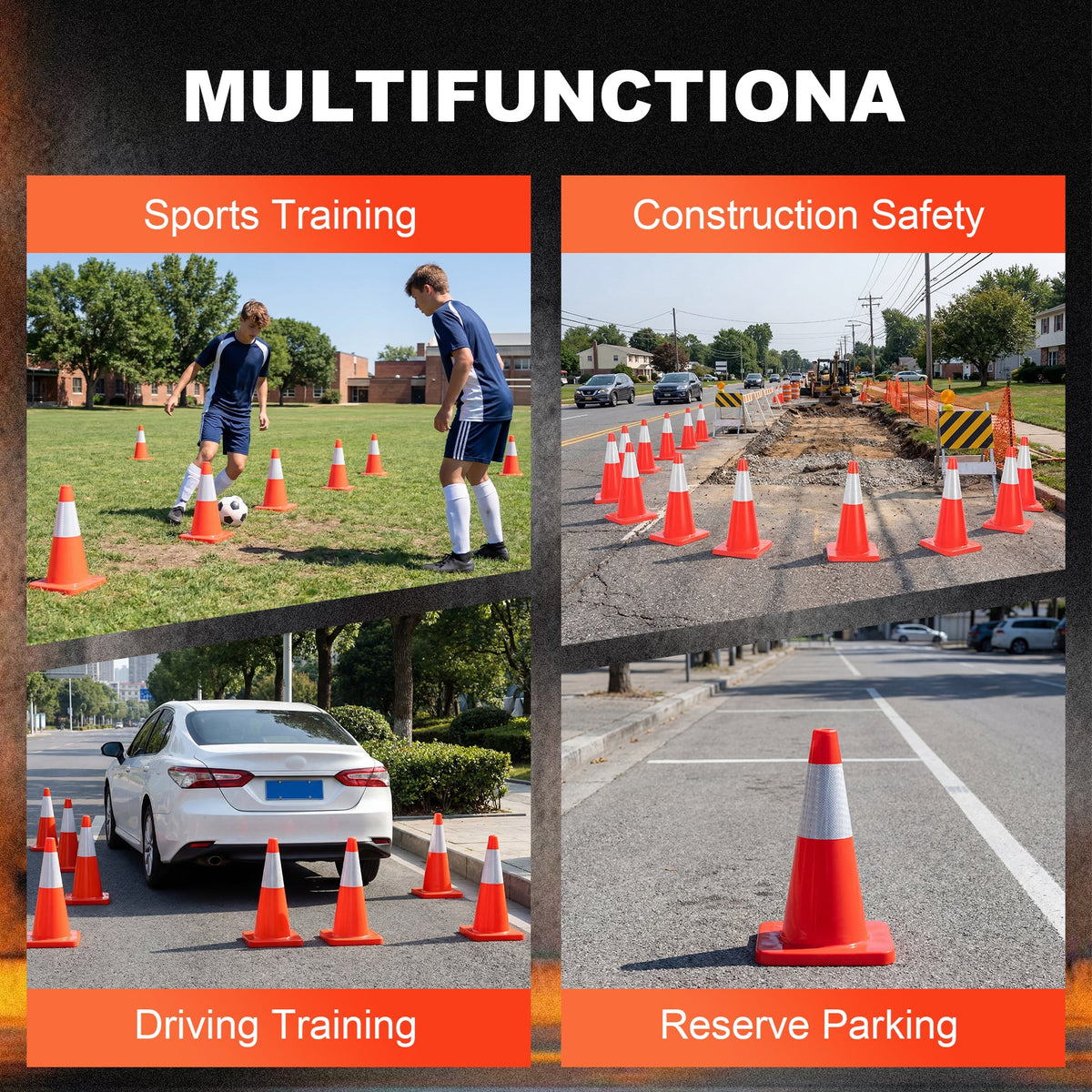18-Inch Traffic Safety Cones, 2-Pack, PVC Road Cones with Reflective Collar